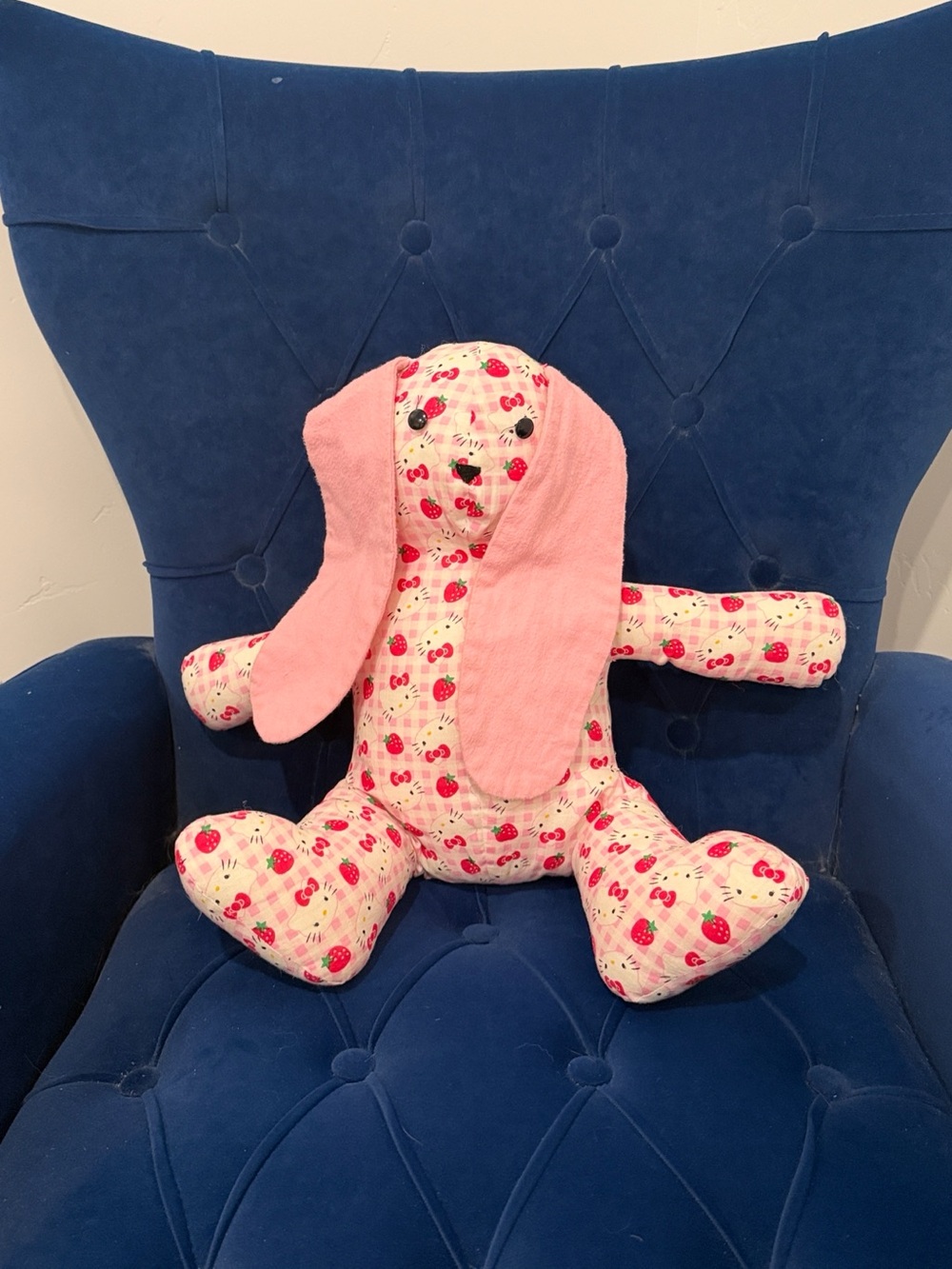 Handmade Plush Bunny Stuffed Animal with Pink Strawberry Print